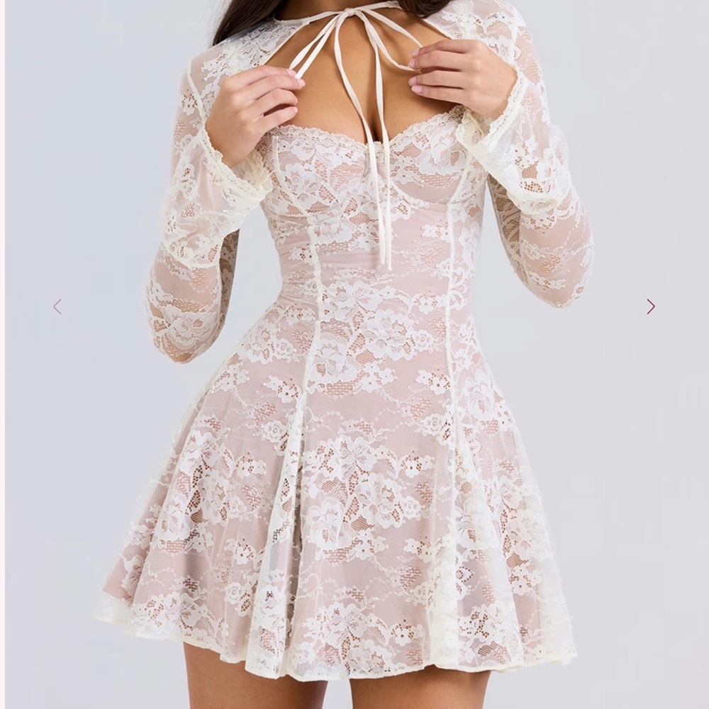 House of CB Lace Long Sleeve Dress in Cream and White